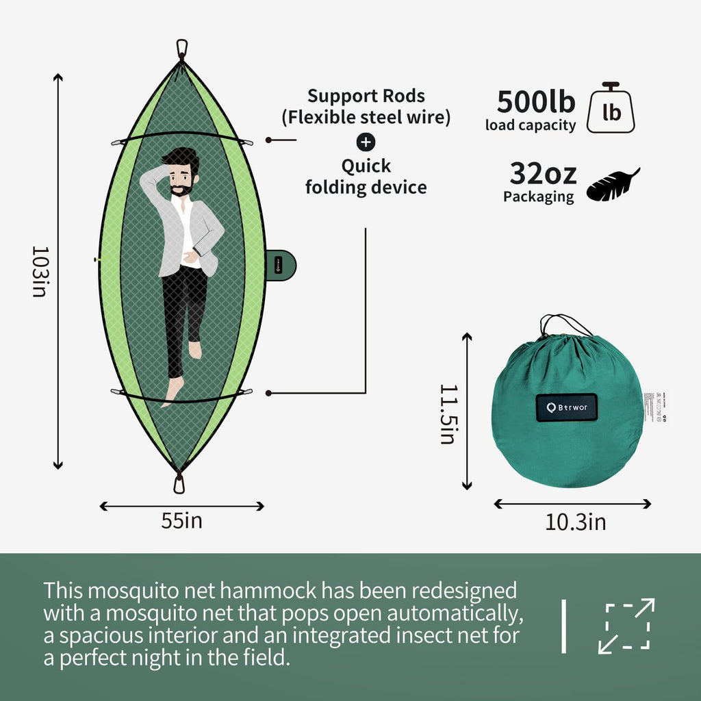 Hammock with Mosquito Net - Lightweight, Portable, 1 Person Hammock - for Camping, Hiking, Backpacking, Travel, a Festival, or The Beach (Dark Green)