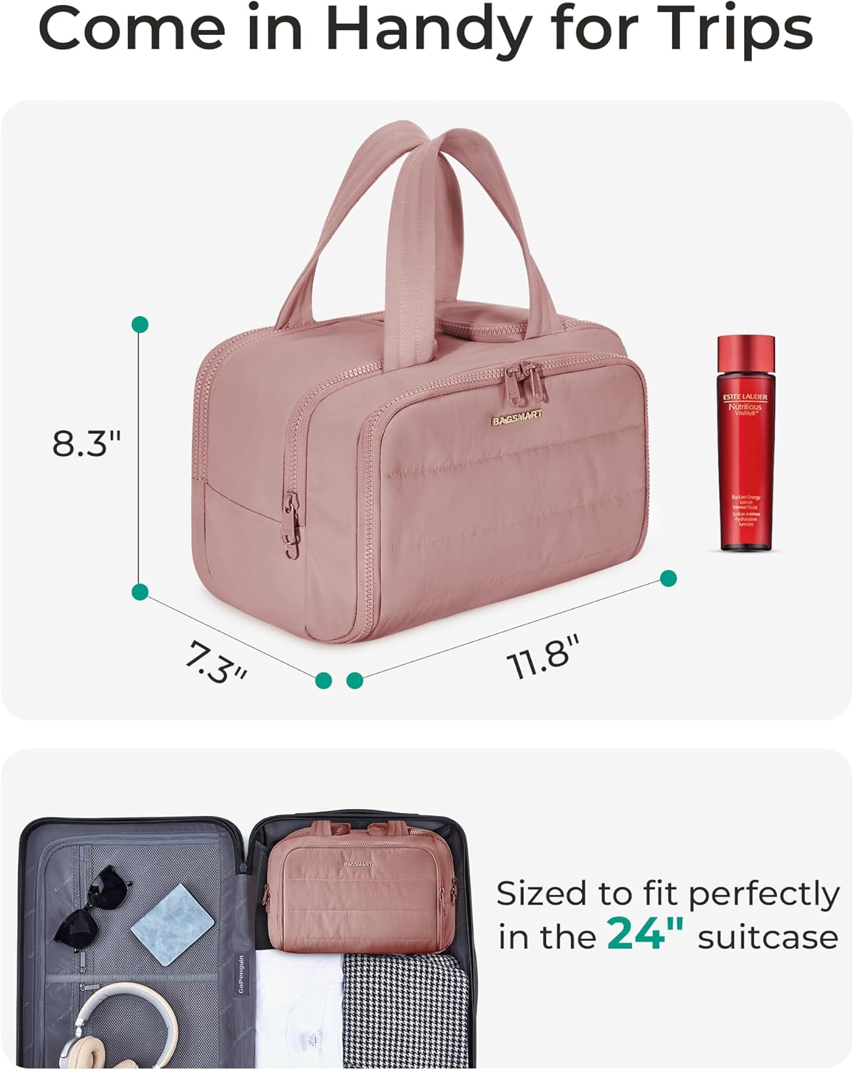 BAGSMART Travel Toiletry Bag, Lightweight Large Wide-open Travel Bag for Women, Puffy Cosmetic Makeup Bag Organizer with Handle for Accessories,Essentials, Toiletries, Dark Pink