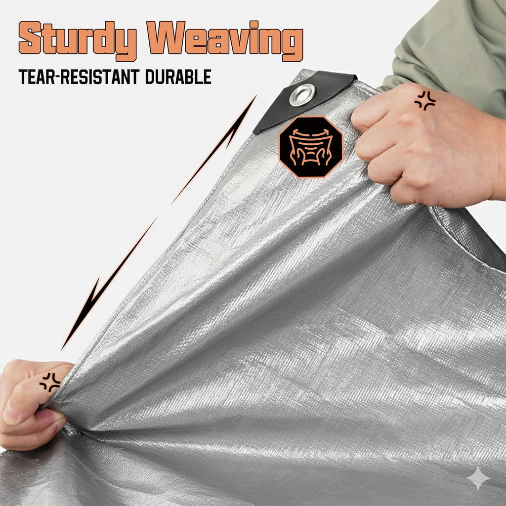 8 x 10 FT Waterproof Heavy Duty Tarp, 10 Mil Thick, Outdoor Furniture Covers, Plastic Insulated Tarpaulin for Camping Tent Roof Boat Patio Pool Cover, Large & Small Multi-Size Tarps, Silver/Brown