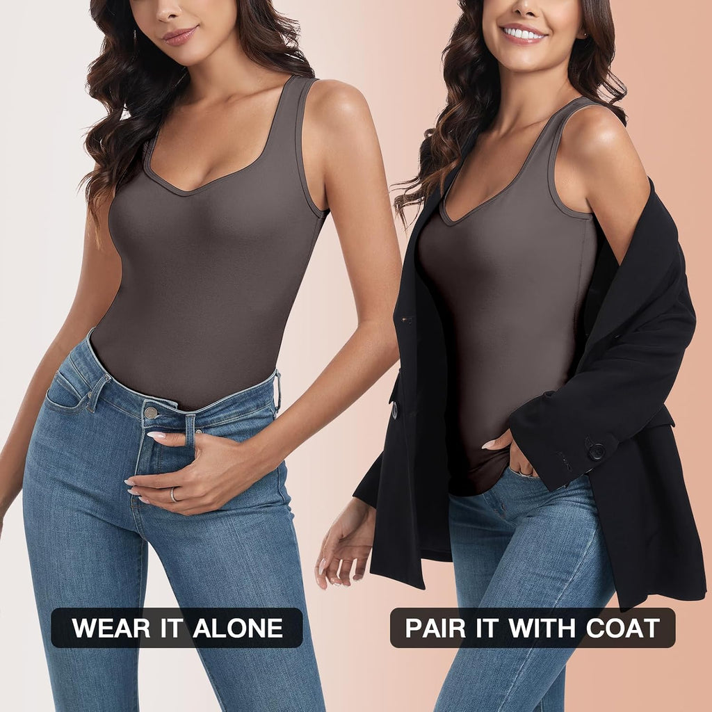 WOWENY Thermal Fleece Tank Top for Women V Neck Sleeveless Shirts Camisole Warm Base Layer Cami Vest Underwear Tops