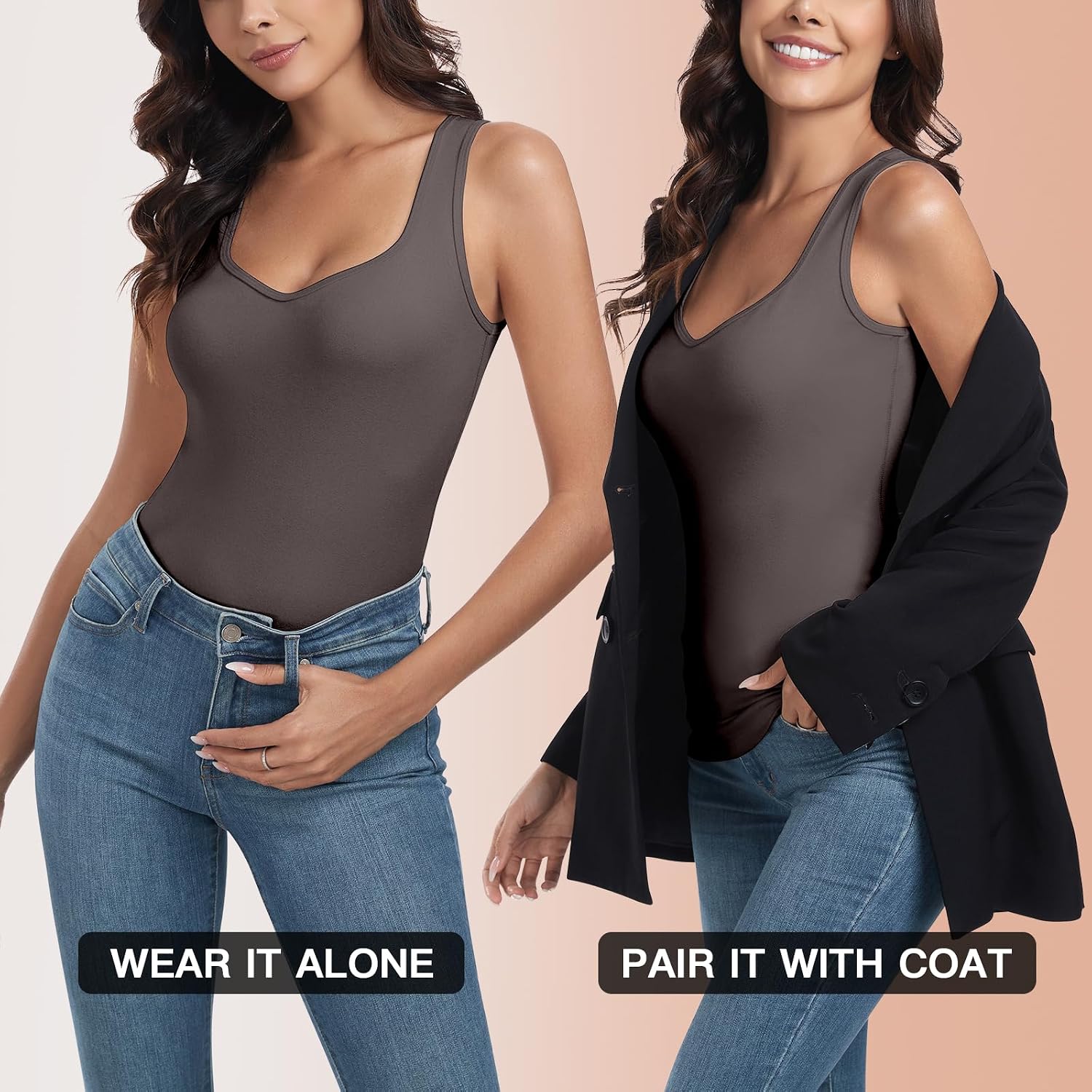 WOWENY Thermal Fleece Tank Top for Women V Neck Sleeveless Shirts Camisole Warm Base Layer Cami Vest Underwear Tops