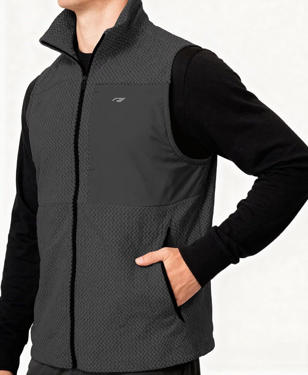 Mens Fleece Vest Mock Neck Full Zip Textured Sleeveless Jacket with Zippered Chest Pocket Active Fit Hiking Golf Top