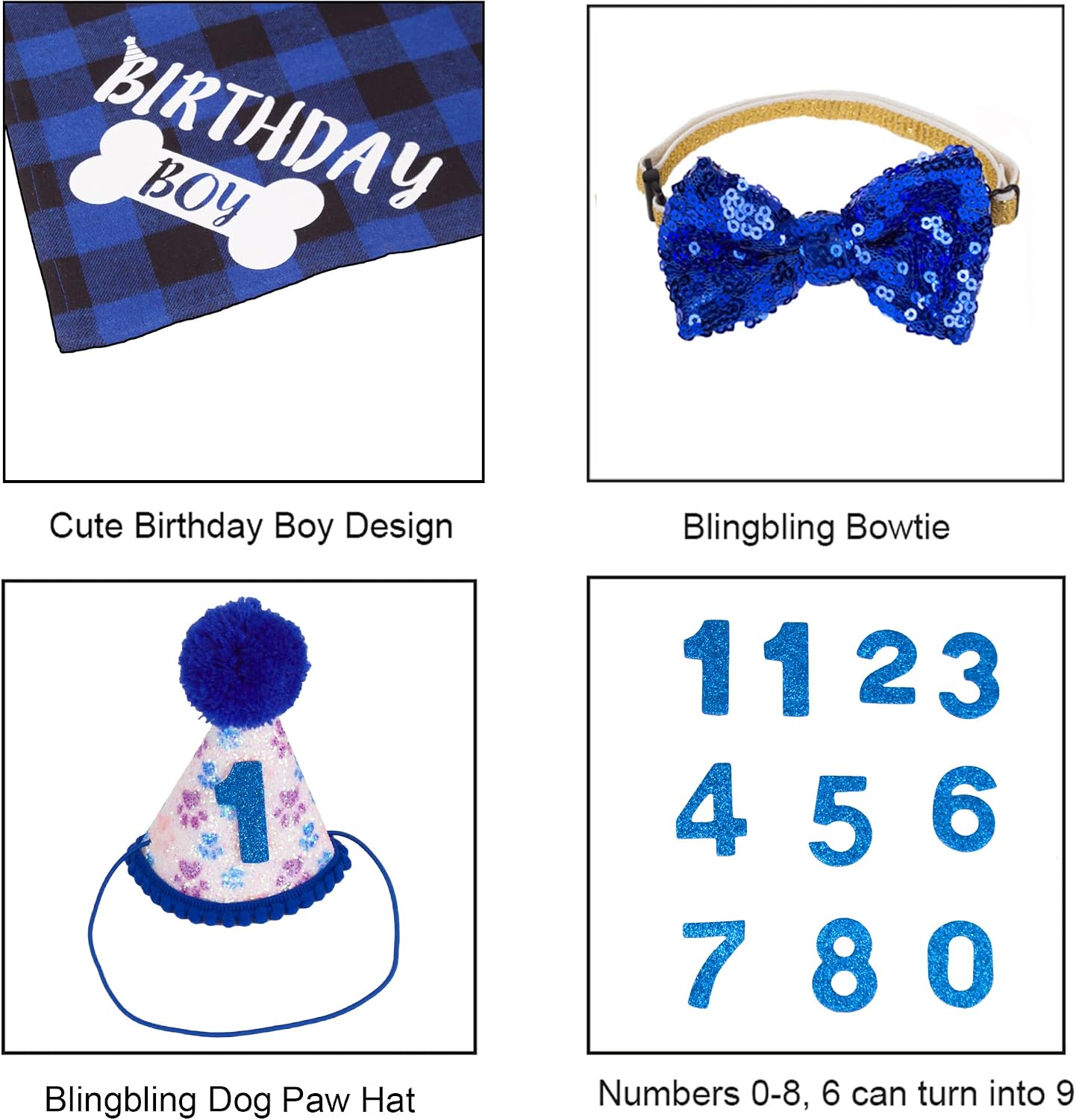 ADOGGYGO Dog Birthday Hat, Blue Plaid Birthday Boy Bandana Set, Small