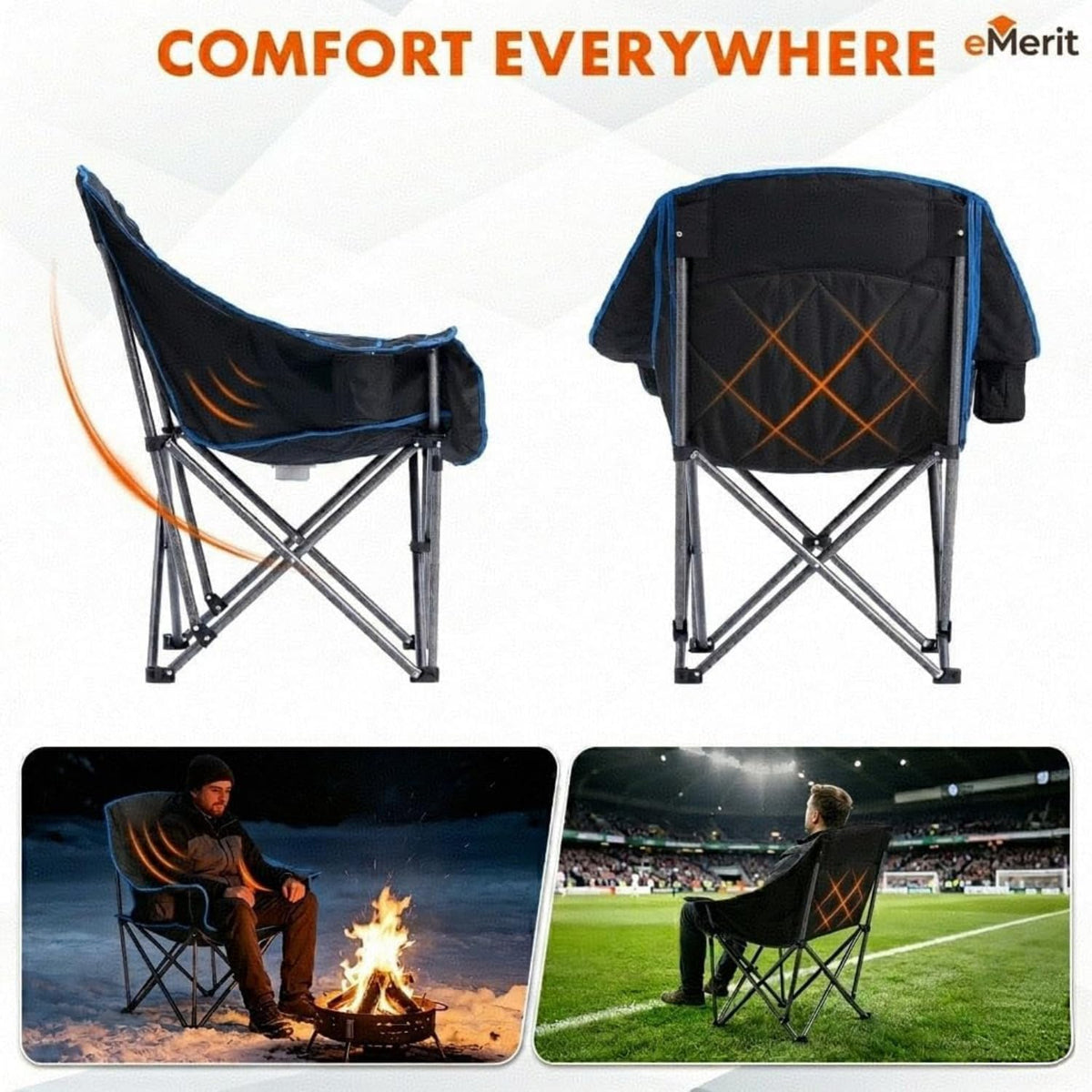 EMERIT 2 Pack Oversized Padded Camping Chair for Big Tall Adults, 500 LBS Heavy Duty Foldable Quad Lawn Chair, 19.68" High Seat, 4-Layer Cushion, Cup Holder, Camping Tailgating Backyard Patio, Blue