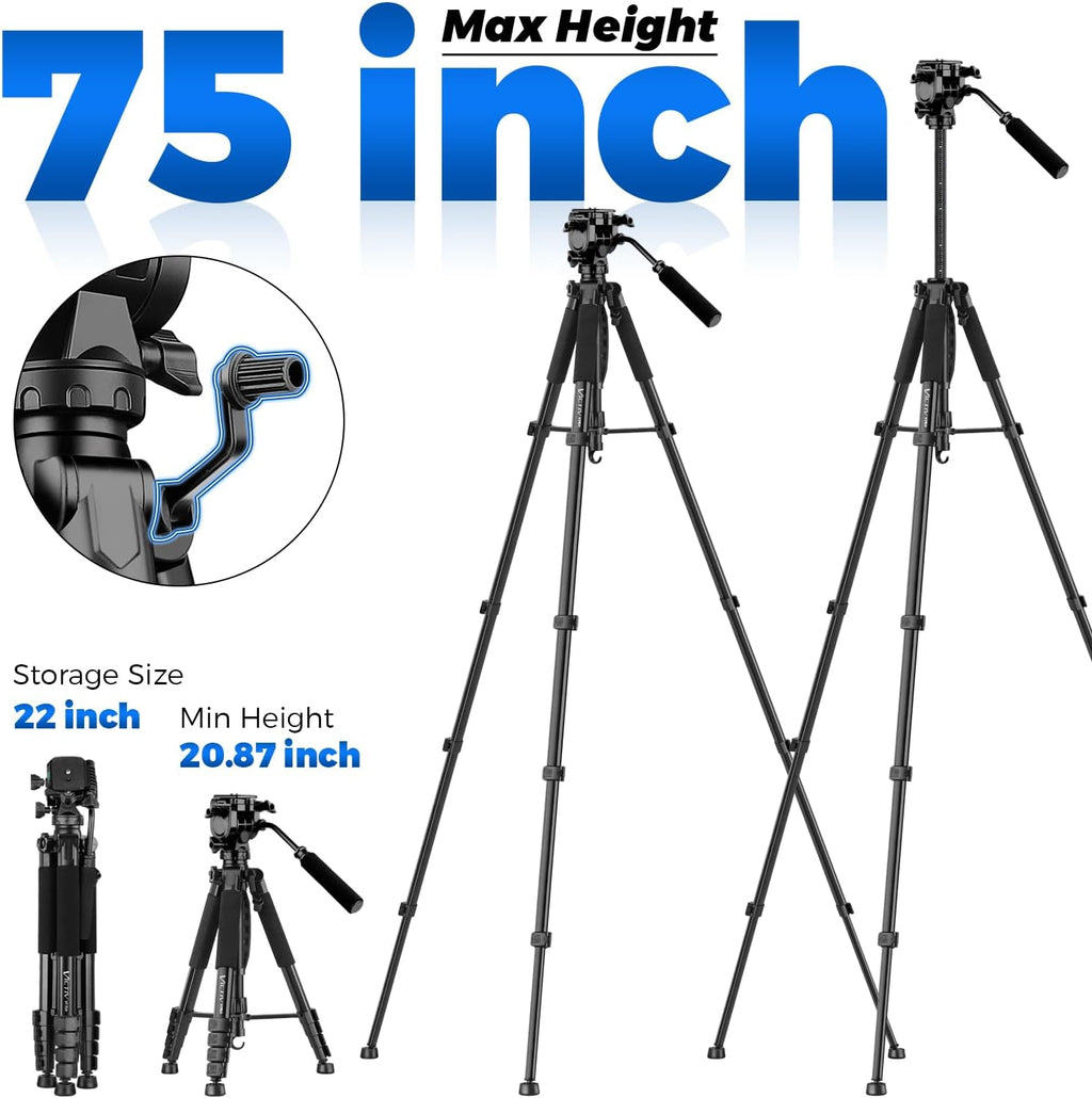 VICTIV 75” Camera Tripod, Tripod for Video Camera with Carry Bag, Black