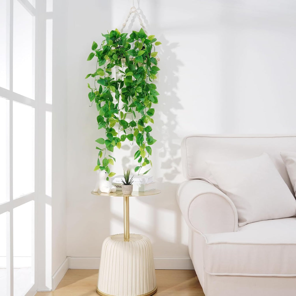 BLEUM CADE Fake Hanging Plants, 2pcs Artificial Pothos Vines Faux Plants Greenery for Wall Home Living Room Office Indoor Outdoor Decor (No Baskets)