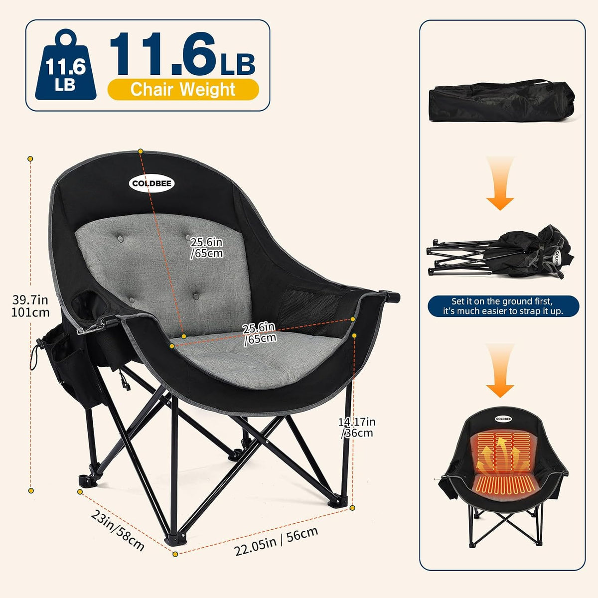 Heated Oversized Camping Chair, Heavy Duty Padded, Thick Headrest, Black