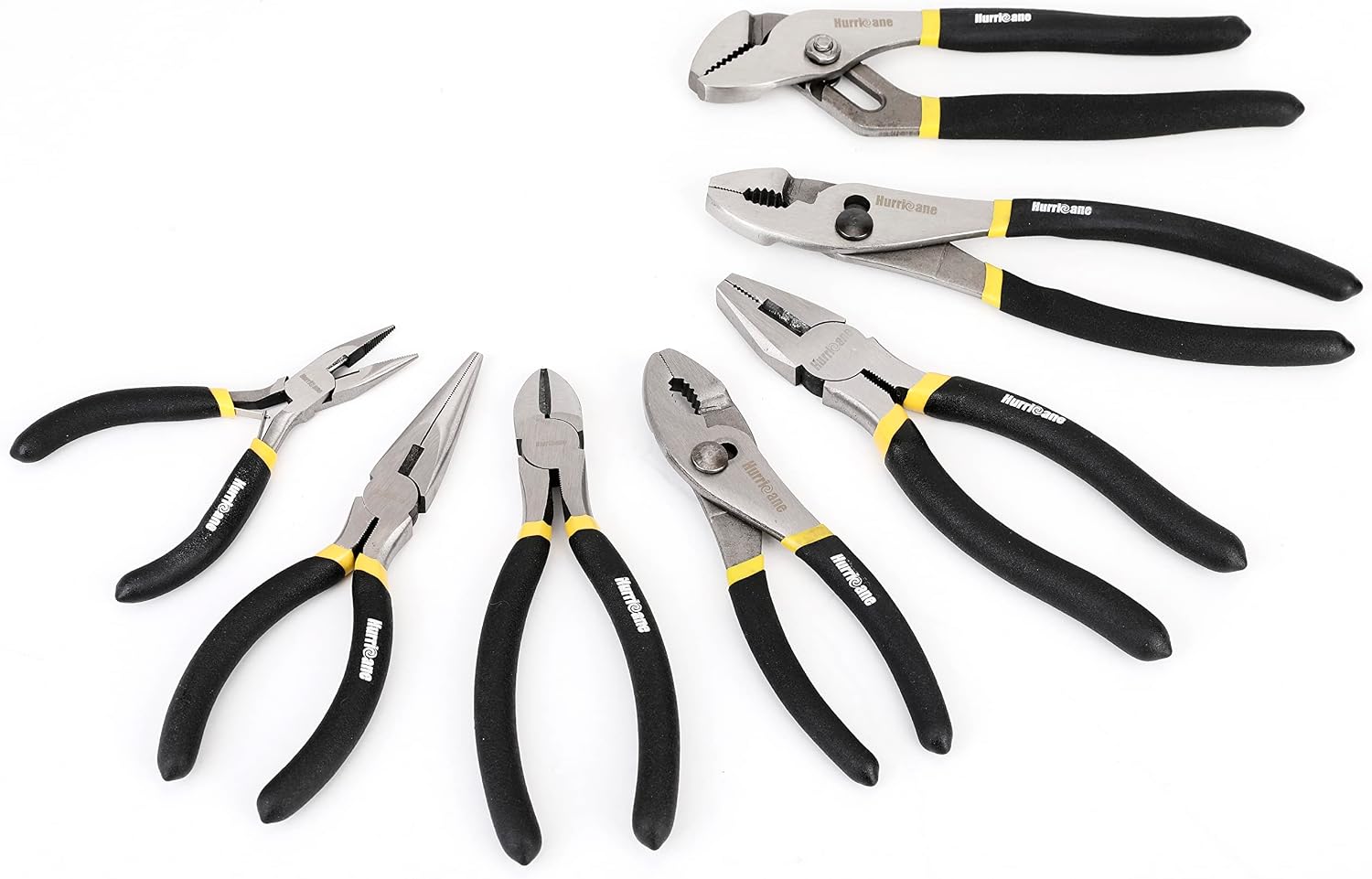 HURRICANE 7-Piece Pliers Set – 8" Water Pump, 8"/6" Slip Joint, 7" Linesman, 6" Diagonal, 6" & Mini Long Nose, Carbon Steel, Anti-Slip Double-Dipped Handle for Home, DIY, Automotive