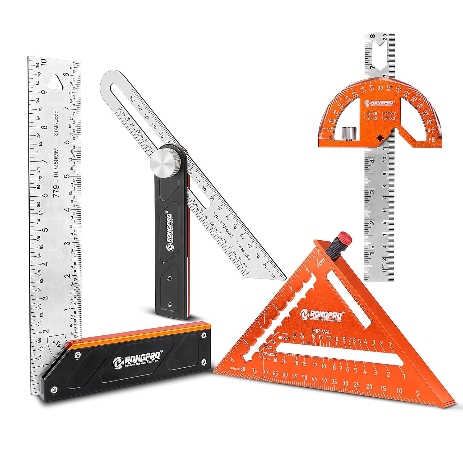 4Pcs Woodworking Tools -7''Aluminum Rafter Square,12''Adjustable Protractor Angle Finder,10'Woodworking Square Ruler and T-Bevel Gauge-1/16 Precision…