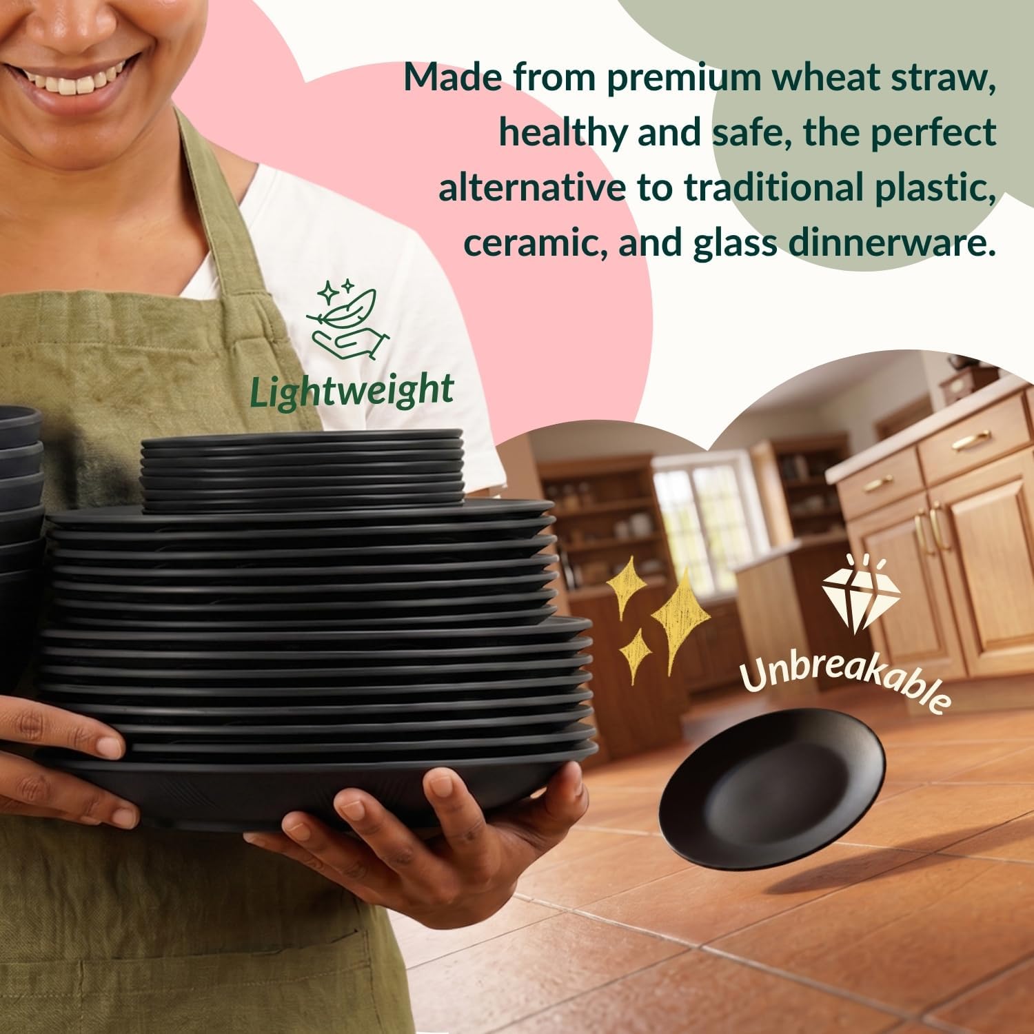 Homienly Wheat Straw Dinnerware Set,40-Piece Dish Set for 8, Dinner Plates, Dessert Plate, Cereal Bowls, Cups, Appetizer Plates,Reusable Dinner Plates Kids Plates and Bowls Sets,Black