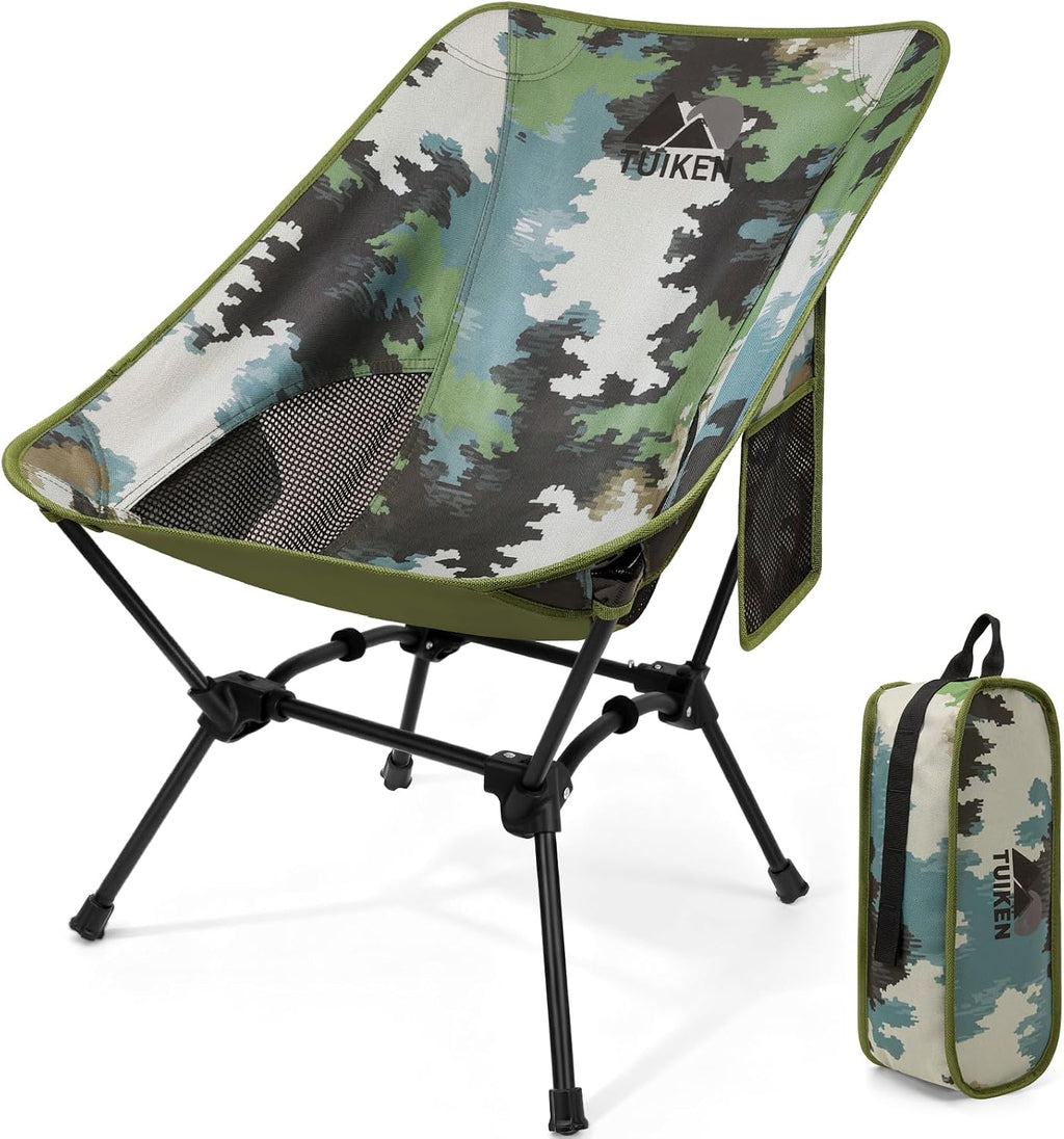 Ultralight Camping Chair Backpacking Chair, Portable Camp Chair with Cup Holder & Storage Bag, Lightweight Compact Folding Chair for Hiking, Travel, Picnic Mountaineering (Camo)