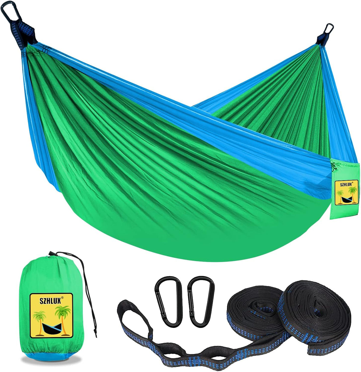 SZHLUX Kids Hammock - Kids Camping Gear, Camping Accessories with 2 Tree Straps and Carabiners for Indoor/Outdoor Use, Sapphire Blue & Grass Green