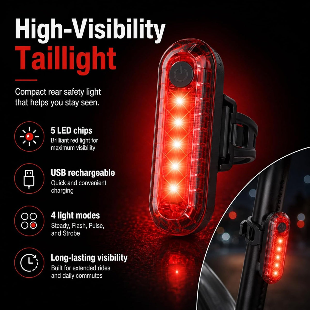 Front & Rear Bike Light Kit, IPX6 Waterproof Rechargeable Bicycle Light