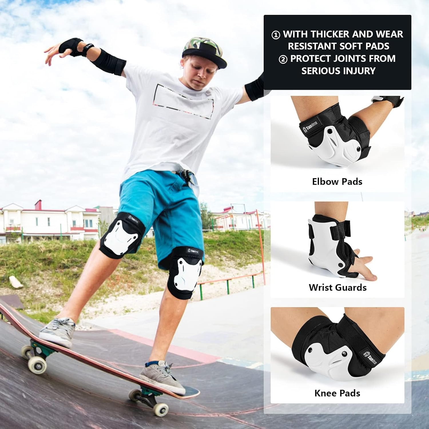Tanden Skating Protective Gear Knee and Elbow Pads Wrist Guards for Roller Skating Skateboarding, Skate Pads Adult Knee Pads
