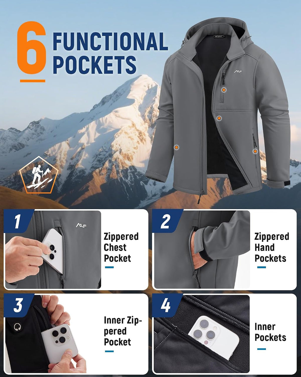 WULFUL Men's Softshell Jacket Waterproof Lightweight Insulated Windbreaker Fleece Lined Rain Shell Jacket for Hiking Travel