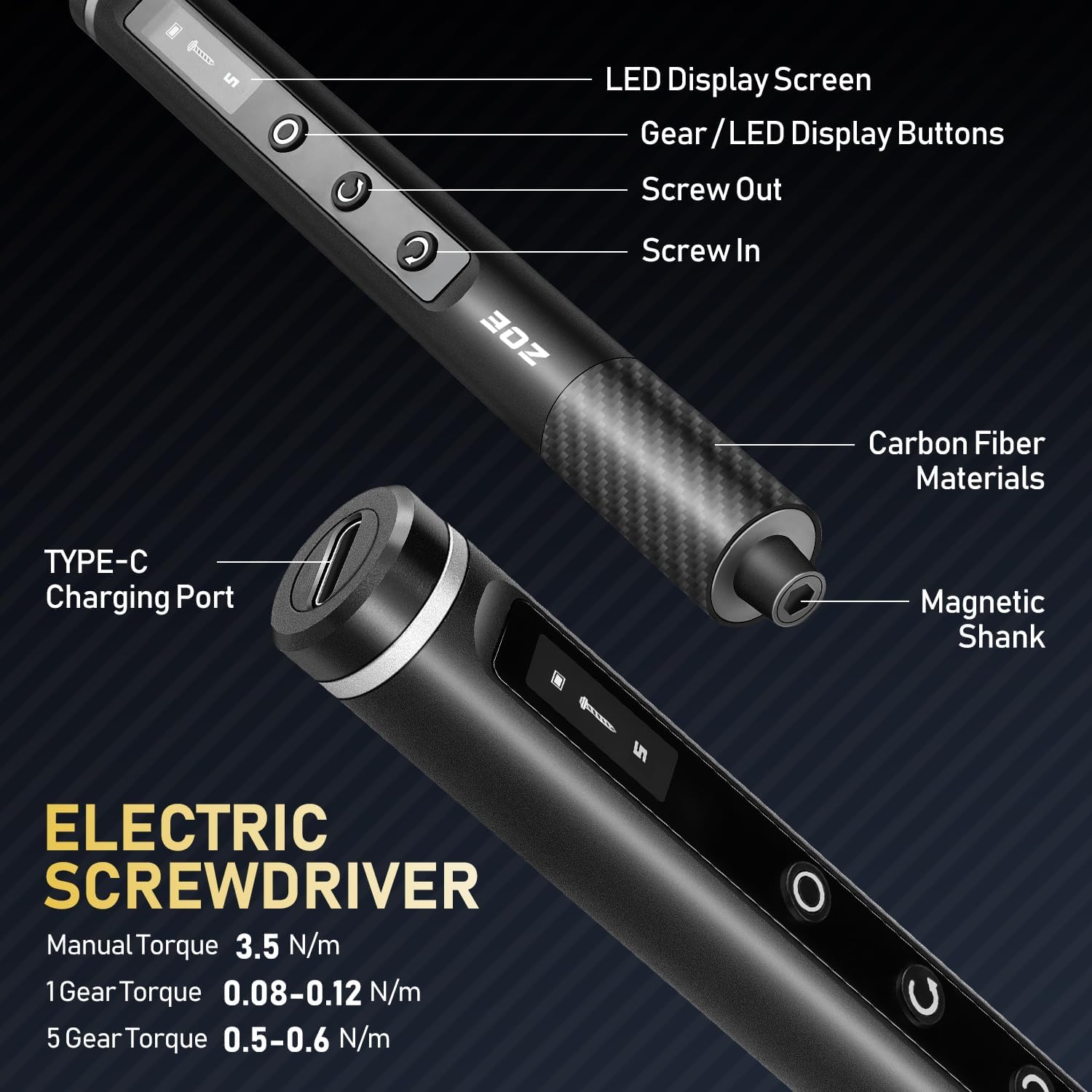 ZOE Precision Electric Screwdriver Set with LED Light, 5 Torque (0.15-0.6N·m), 500mAh USB-C,42 S2 Steel Bits，12 Type Fix Tools,Repair Kit for Laptop/Camera/Electronics