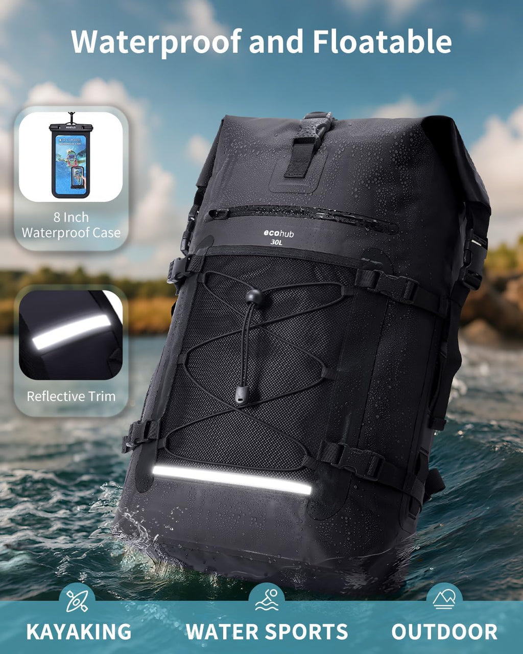 ECOHUB Waterproof Backpack, 30L Roll-Top Closure Heavy Duty Dry Bag