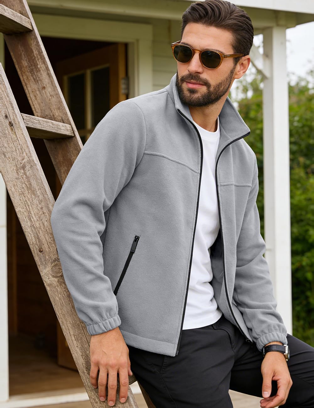 Mens Polar Fleece Jacket Full Zip Lightweight Casual Outdoor Jackets Stand Collar Warm Coats with Pockets