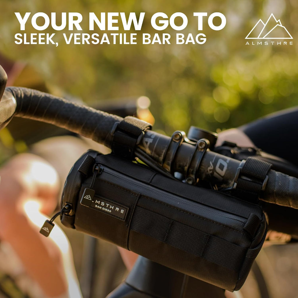 ALMSTHRE Compact Bar Bag – Midnight Black | Hard-Shell Bike Handlebar Bag with Waterproof Zipper & Adjustable Straps | Lightweight Bicycle Handlebar Bag, Compatible with Road, Gravel & MTB Bikes