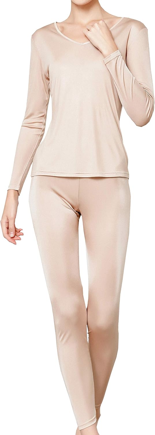 METWAY Women's Silk Long Johns V-Neck Pure Silk Thermal Underwear Sets for Winter Base Layer