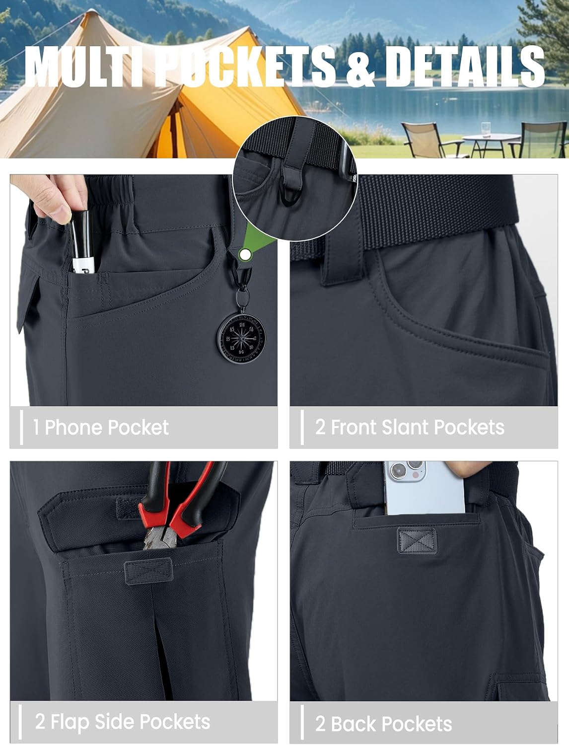 Men's Convertible Hiking Pants with 7 Pockets, Zip-Off Quick-Dry