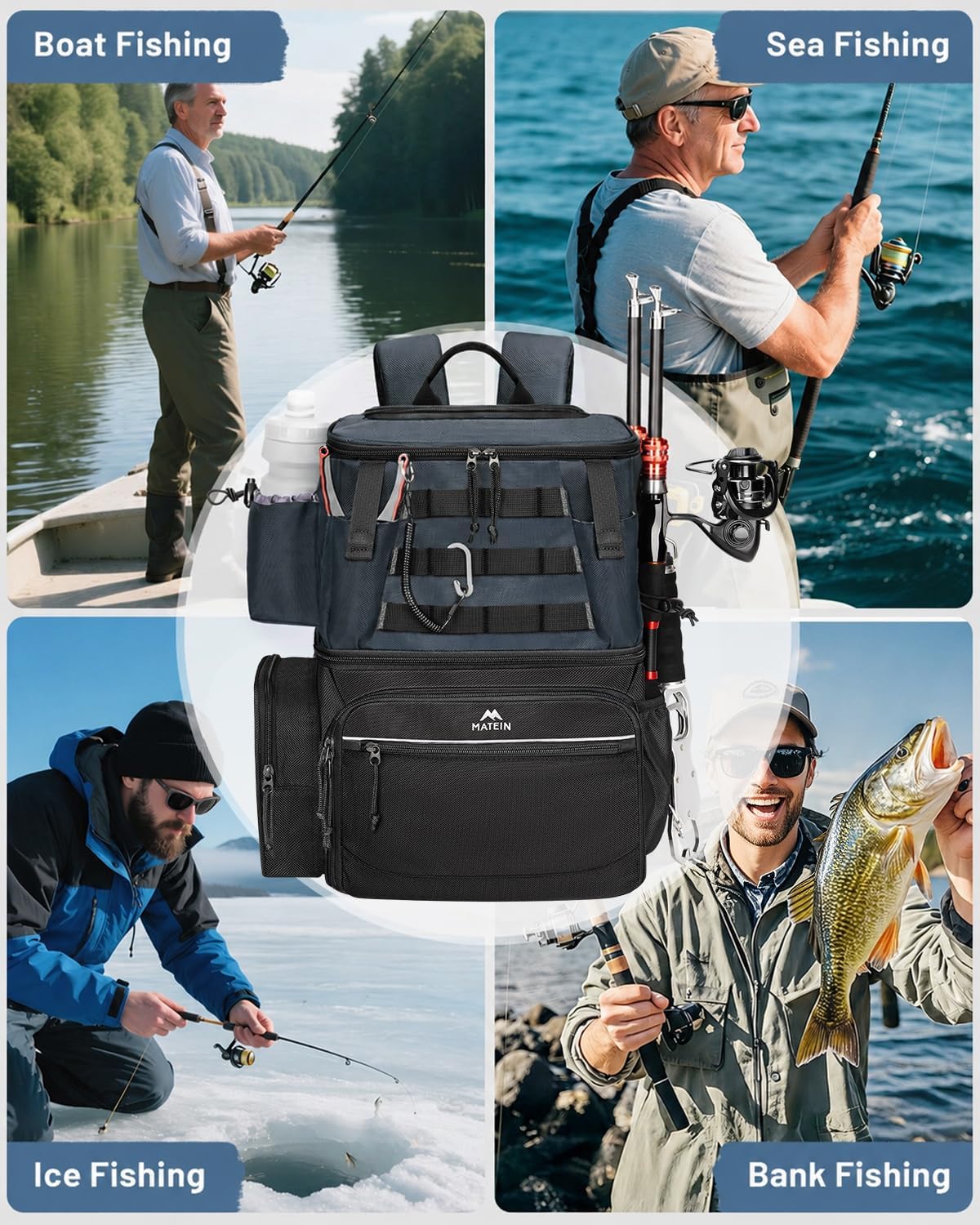MATEIN Fishing Backpack with 4 Tackle Boxes, Fishing Bag with Rod Holder