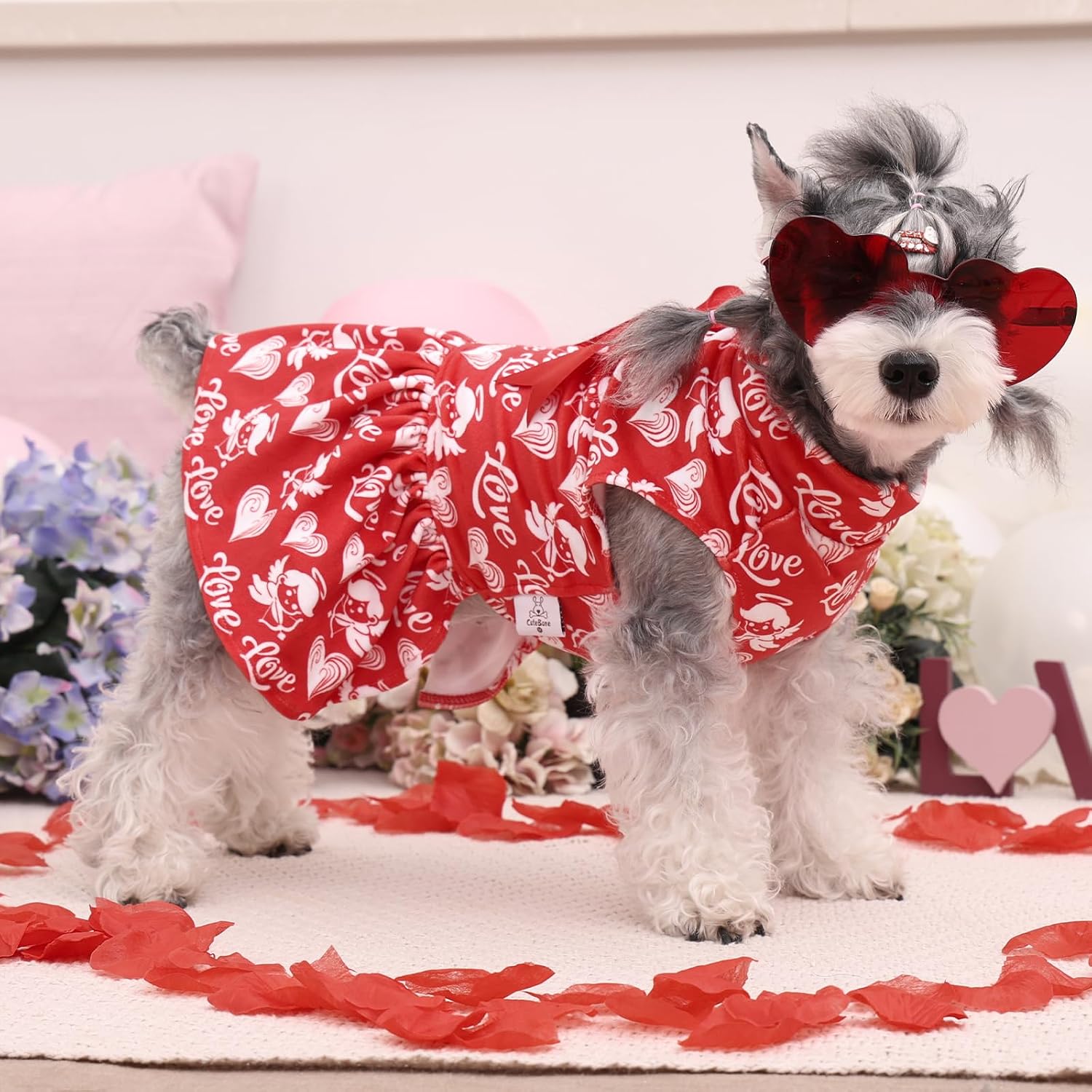 CuteBone Turtleneck Dog Velvet Dress Valentine's Day Puppy Skirt Costume Pet Clothes Cat Apparel with Bow Hair Rope for Small Dogs CVD19S