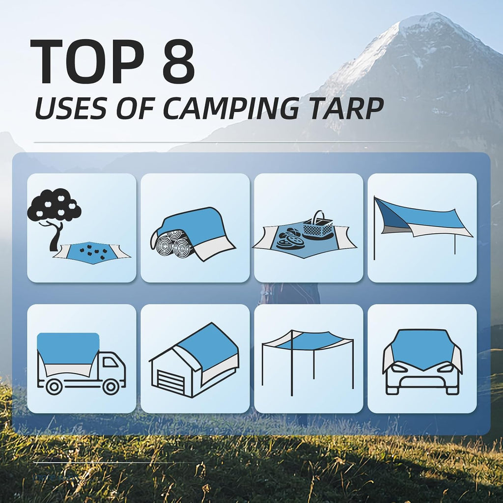 12X14FT Camping Tarp with 2 Poles, UV UPF50+ Lightweight Car Awning Sun Shelter, PU3000 Waterproof Tarp for Camping, Hiking and Backpacking Trips