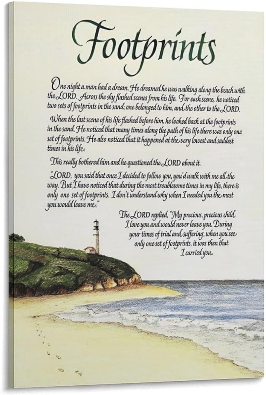 Footprints in the Sand Religious Canvas Wall Art Posters, Inspirational Beach Sunset Poem Print Poster (Framed 20x30inch, Footprints(5))