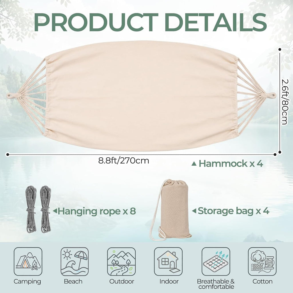 4 Set Canvas Camping Hammock,Single Hammock, Beige