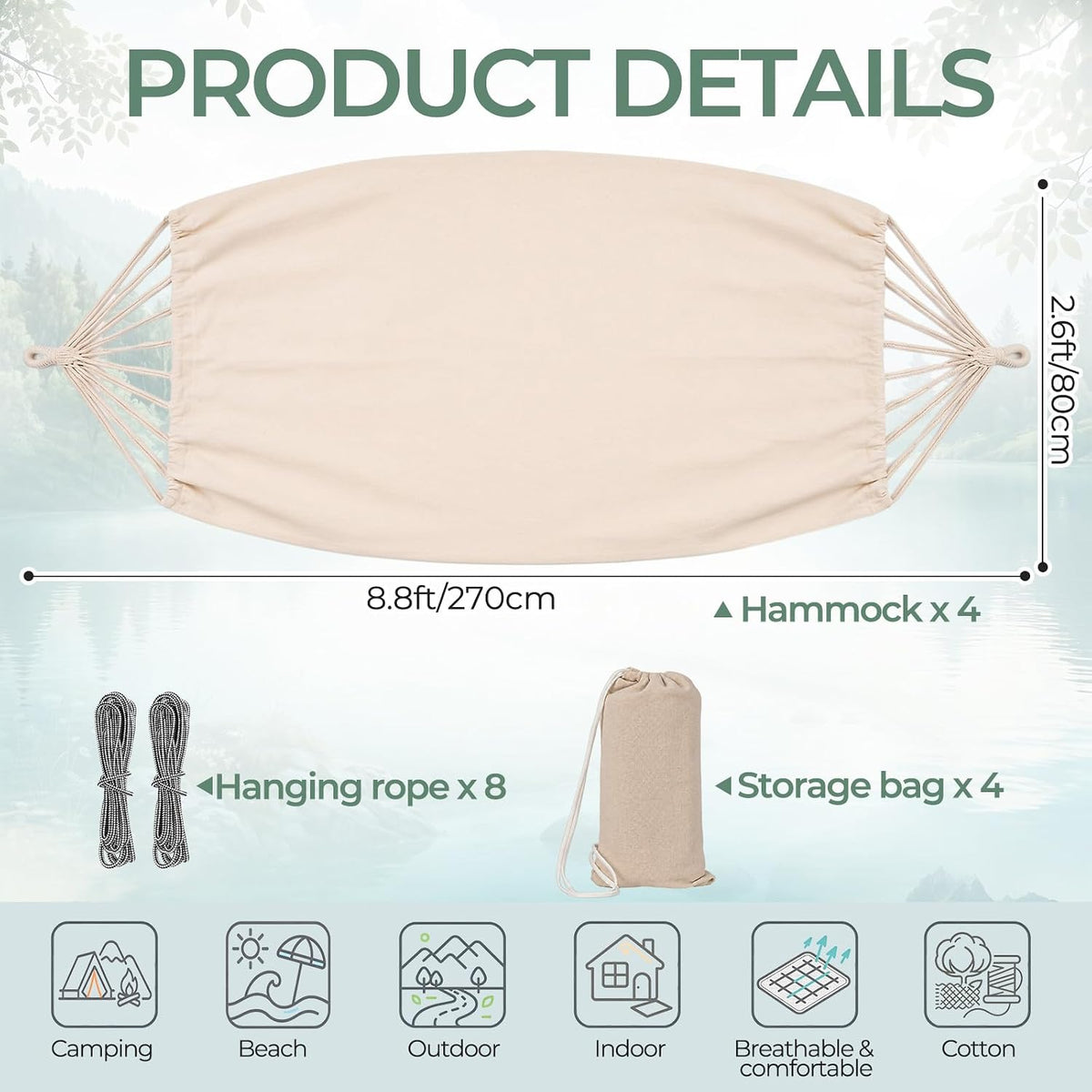 4 Set Canvas Camping Hammock,Single Hammock, Beige