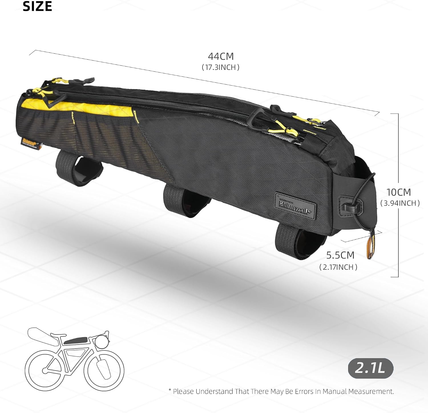 Rhinowalk Bike Frame Bag 2.1L, Waterproof Front Tube Bag with Dual Compartments, YKK Zipper, Phone Storage & Cable Port – Fits Most Bikes – Black