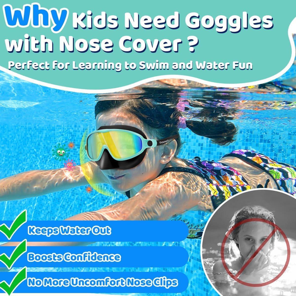 Vvinca Kids Swim Goggles with Nose Cover 2 Pack for 3-15 Anti-Fog Wide View
