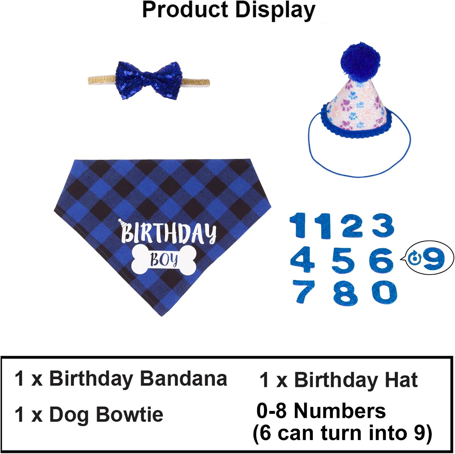 ADOGGYGO Dog Birthday Hat, Blue Plaid Birthday Boy Bandana Set, Small
