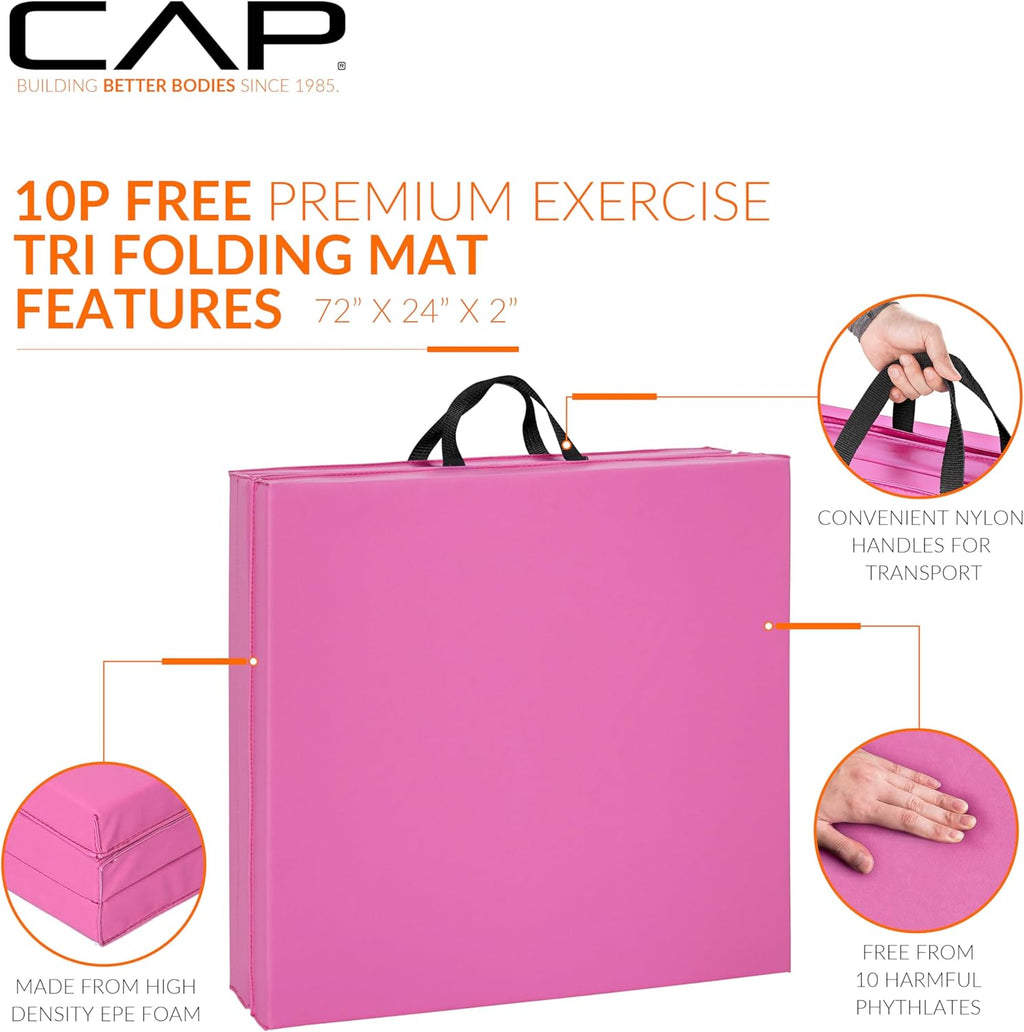 CAP Barbell Folding Exercise Mat – Durable, Anti-Tear, Thick Padding for Fitness, Aerobics, Gymnastics & Home Workouts. 72"L x 24"W x 2"Thick. PINK