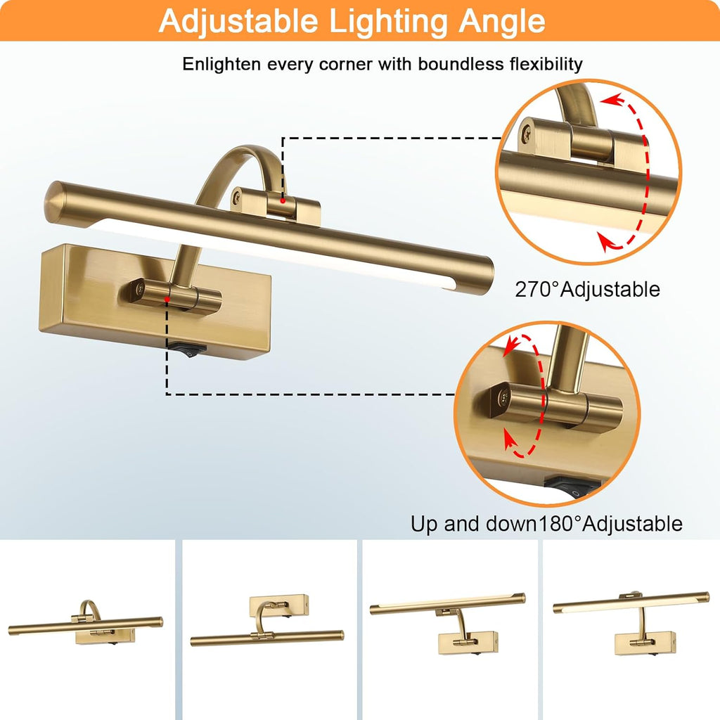 Tassuowell Rechargeable Picture Light with Remote Control,12 Inch Brass Finish Adjustable Wireless Art Lighting Fixture,Painting Lights with Timer,3 Color Temperature and Dimmable