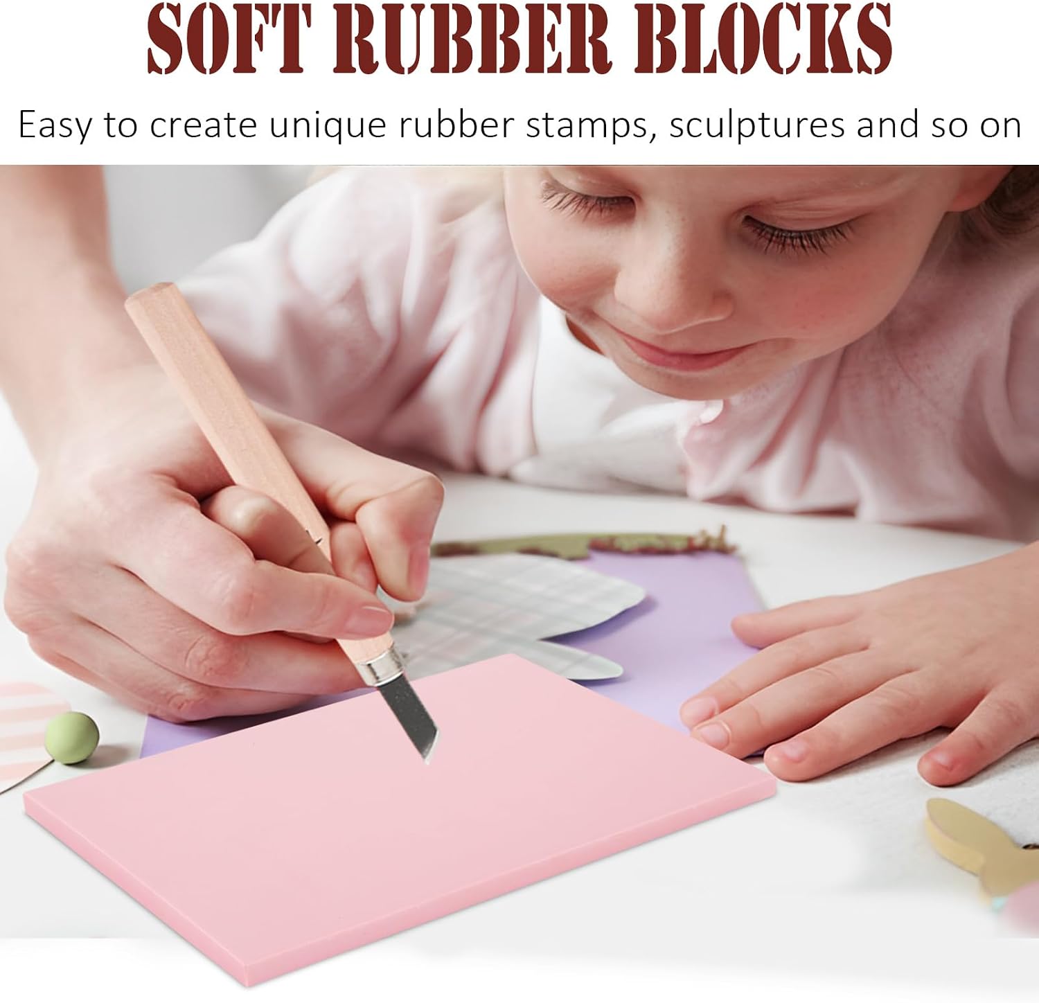 8PCS 4x6 Inch Linoleum Carving Blocks for Printmaking, Rubber Linocut Block Stamp Making Kit with Wood Carving Tools and Rubber Brayer Roller, Soft Stamp Carving Kit for DIY Crafts