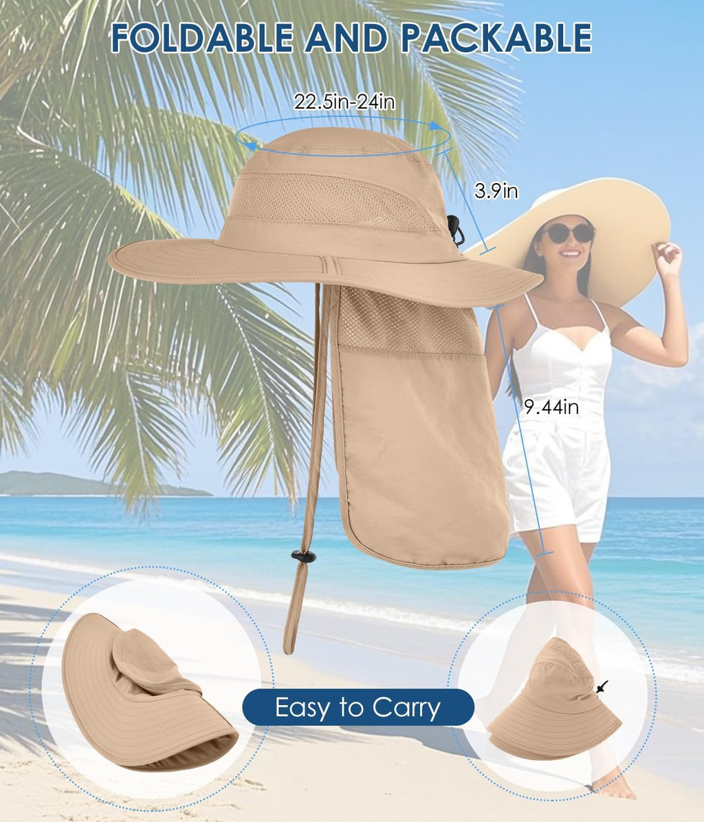 Men&Women Foldable Outdoor Sun Hat with Packable Neck Flap, UV Sun Protection Wide Brim Safari Cap