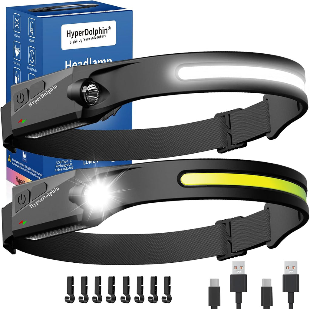 Headlamp Rechargeable LED (2 Pack) 230° Wide Beam, USB-C Lightweight Head Lamp, Long Runtime, Water-Resistant for Camping, Hiking, Running, Fishing, Repair Work