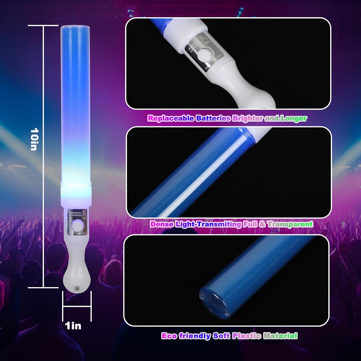 Reusable LED Glow Sticks(6 Pack), Blue Steady LED Flashing Bright Glow Light sticks, Equipped with AAA Battery Powered LED Sticks, Concert Glow in the Dark Party Favor Supplies