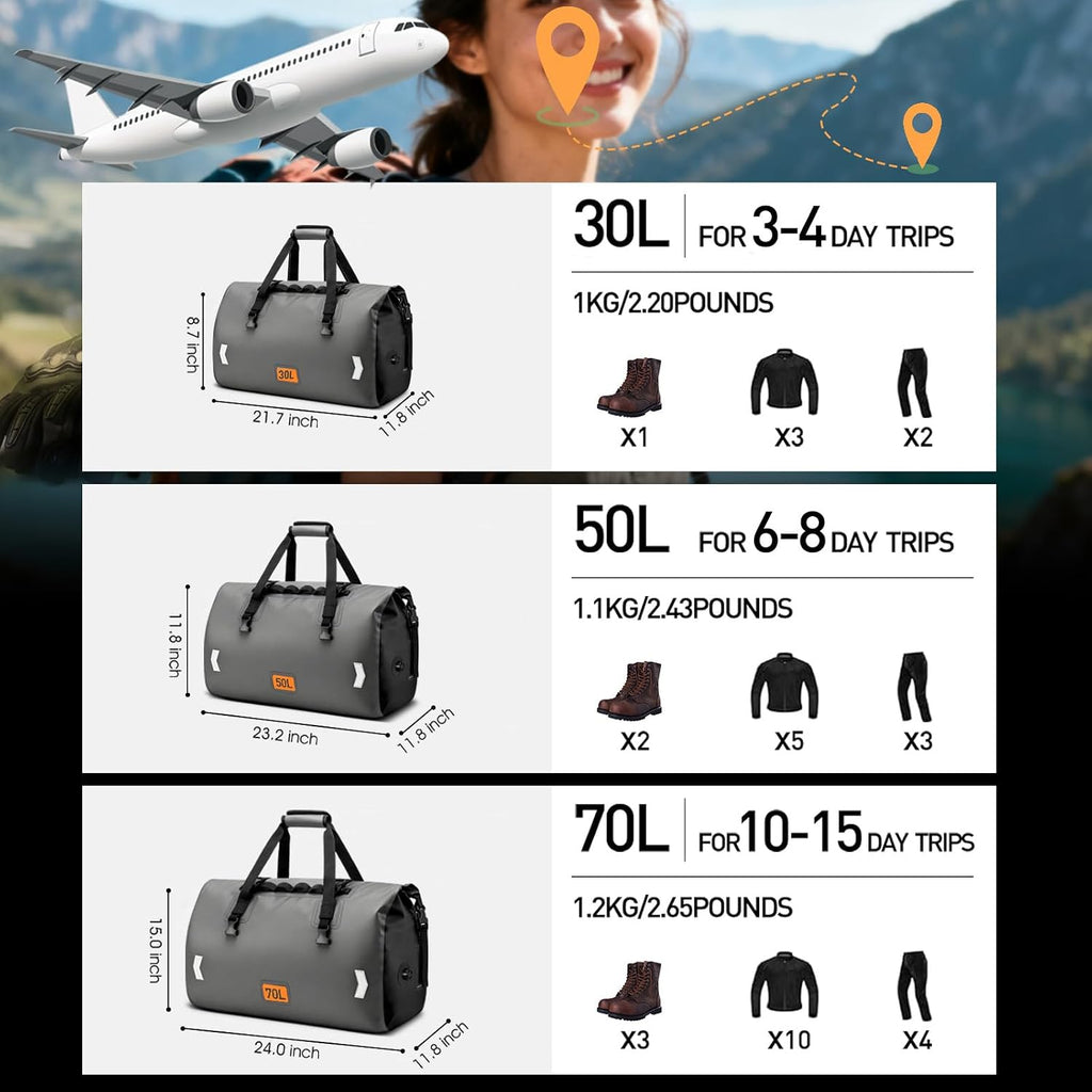 OCKLILY Waterproof Dry Bag, 50L Roll-top Motorcycle Tail Bag with Air Valve & Quick-fixed Straps, Travel Duffle Bags for Kayaking Paddle Boarding Rafting Boating Camping Riding Fishing - Grey