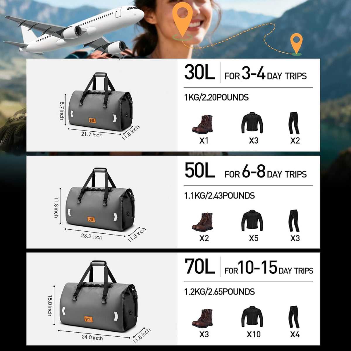 OCKLILY Waterproof Dry Bag, 50L Roll-top Motorcycle Tail Bag with Air Valve & Quick-fixed Straps, Travel Duffle Bags for Kayaking Paddle Boarding Rafting Boating Camping Riding Fishing - Grey