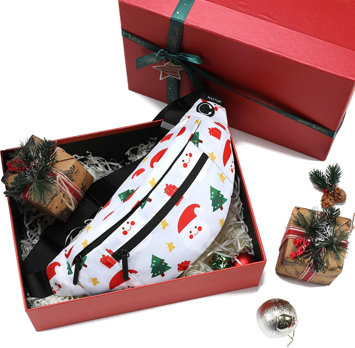 MAXTOP Large White Christmas Fanny Pack with 4-Zipper Pockets, Christmas Gifts for Enjoy Festival Sports Workout Traveling Running Casual Hands-Free Waist Pack Crossbody Phone Bag Carrying All Phones
