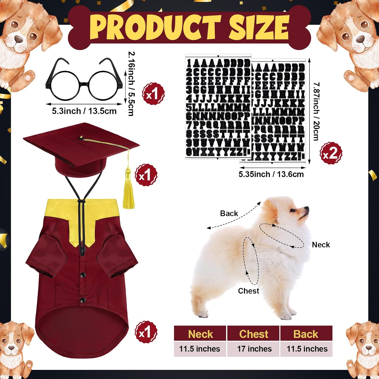 Huhumy 5 Pcs Dog Graduation Costume Set Include 2026 Pet Graduation Gown with Stole Puppy Grad Cap Lensless Glasses DIY Letter Stickers for Dogs Cats Holiday Costume Accessory(Maroon Yellow,S)