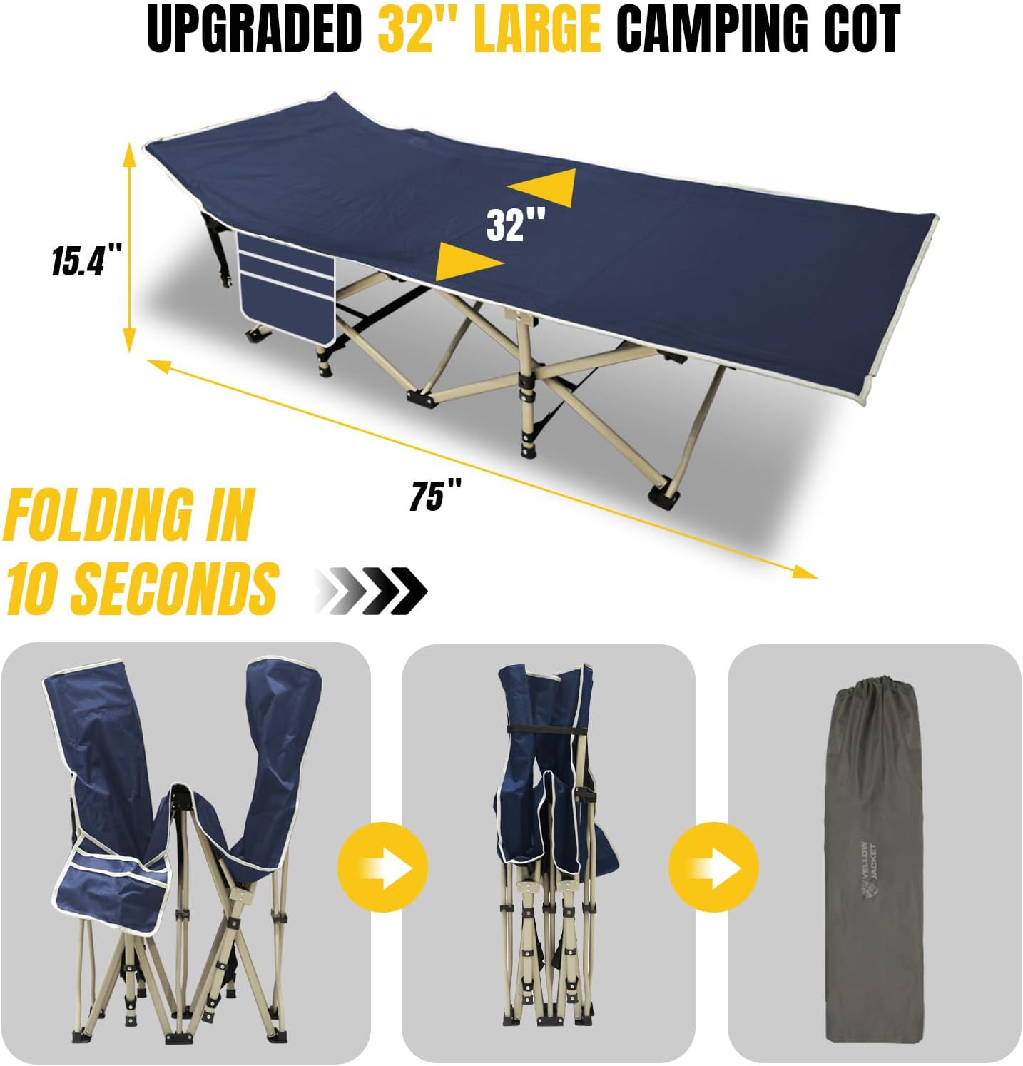 YELLOW JACKET Folding Camping Cot with Mattress, Upgraded 32" Wide Cot for Camping, Folding Sleeping Cot with Carry Bag, Camping Cots for Adults Idea for Home, Office & Travel