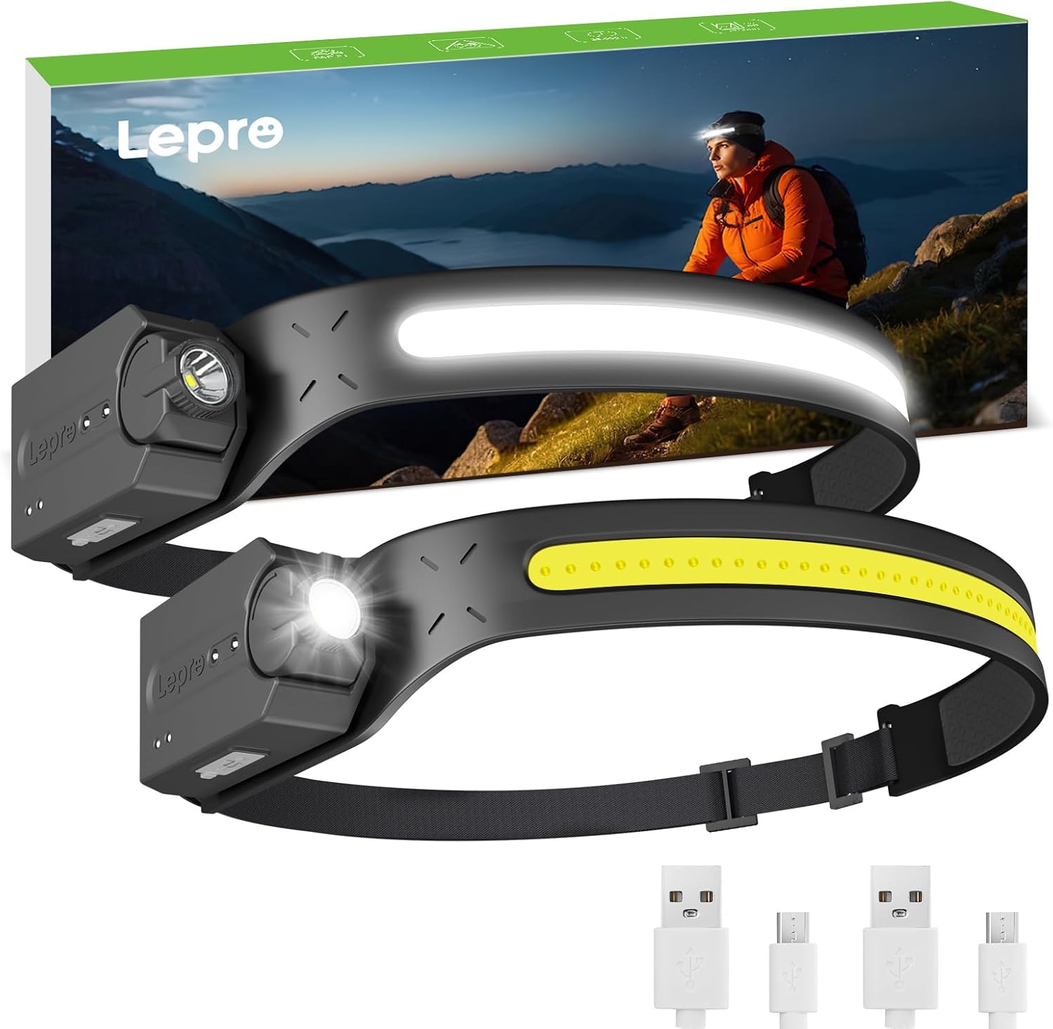 Lepro LED Rechargeable Headlamp Motion Sensor 230°Wide Beam Waterproof 2PC