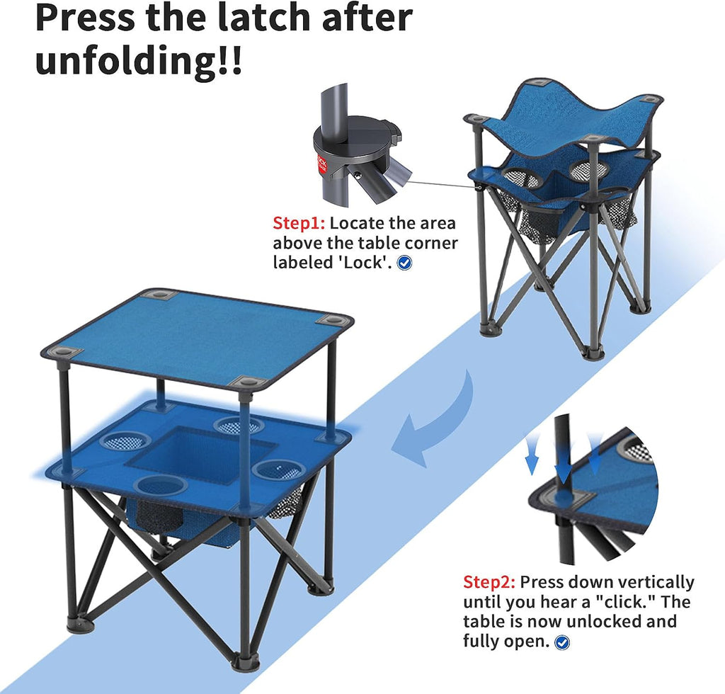 Folding Camping Table, Portable Outdoor Picnic Table, Lightweight Square Camp Table with Built-in 4 Cup Holders Food Basket and Travel Bag for Barbeque Beach Camping and Tailgate Blue