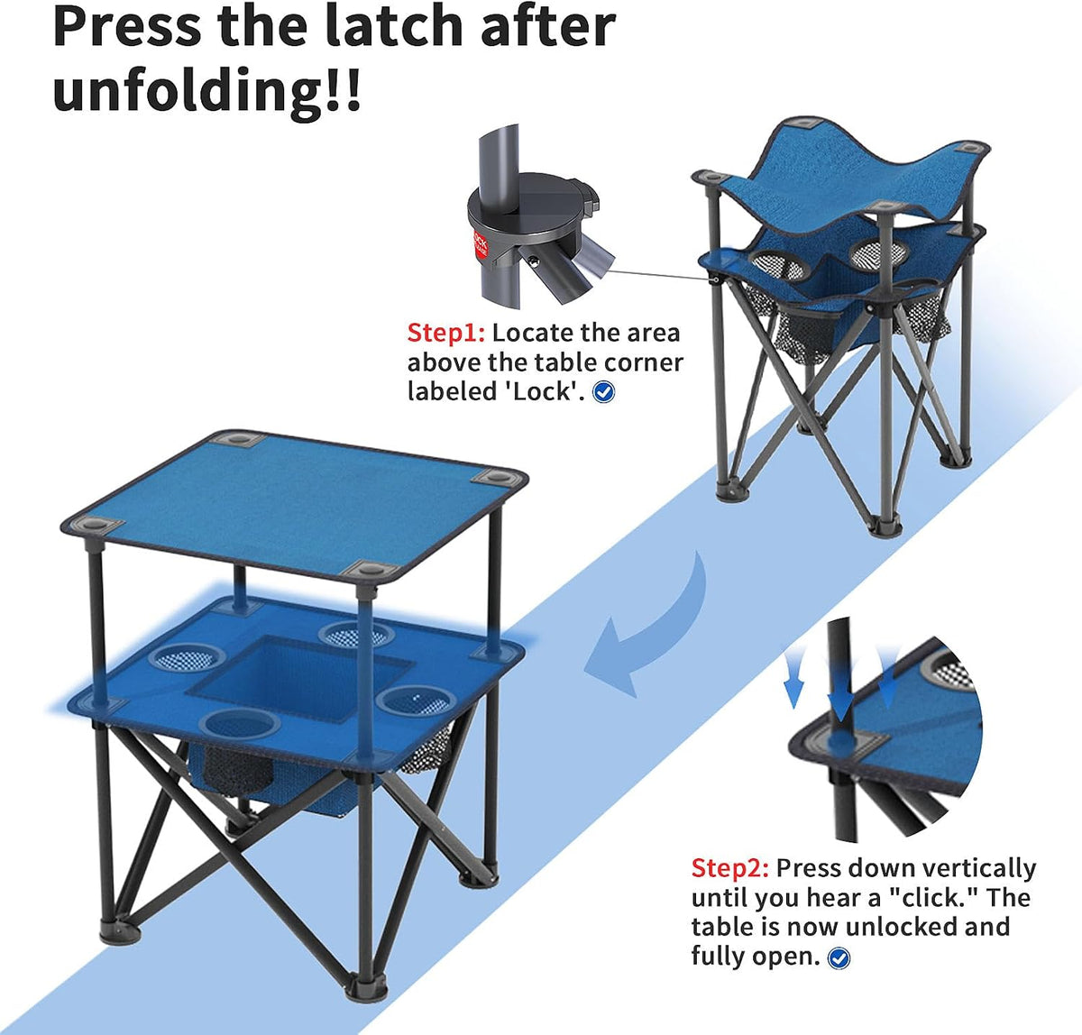 Folding Camping Table, Portable Outdoor Picnic Table, Lightweight Square Camp Table with Built-in 4 Cup Holders Food Basket and Travel Bag for Barbeque Beach Camping and Tailgate Blue