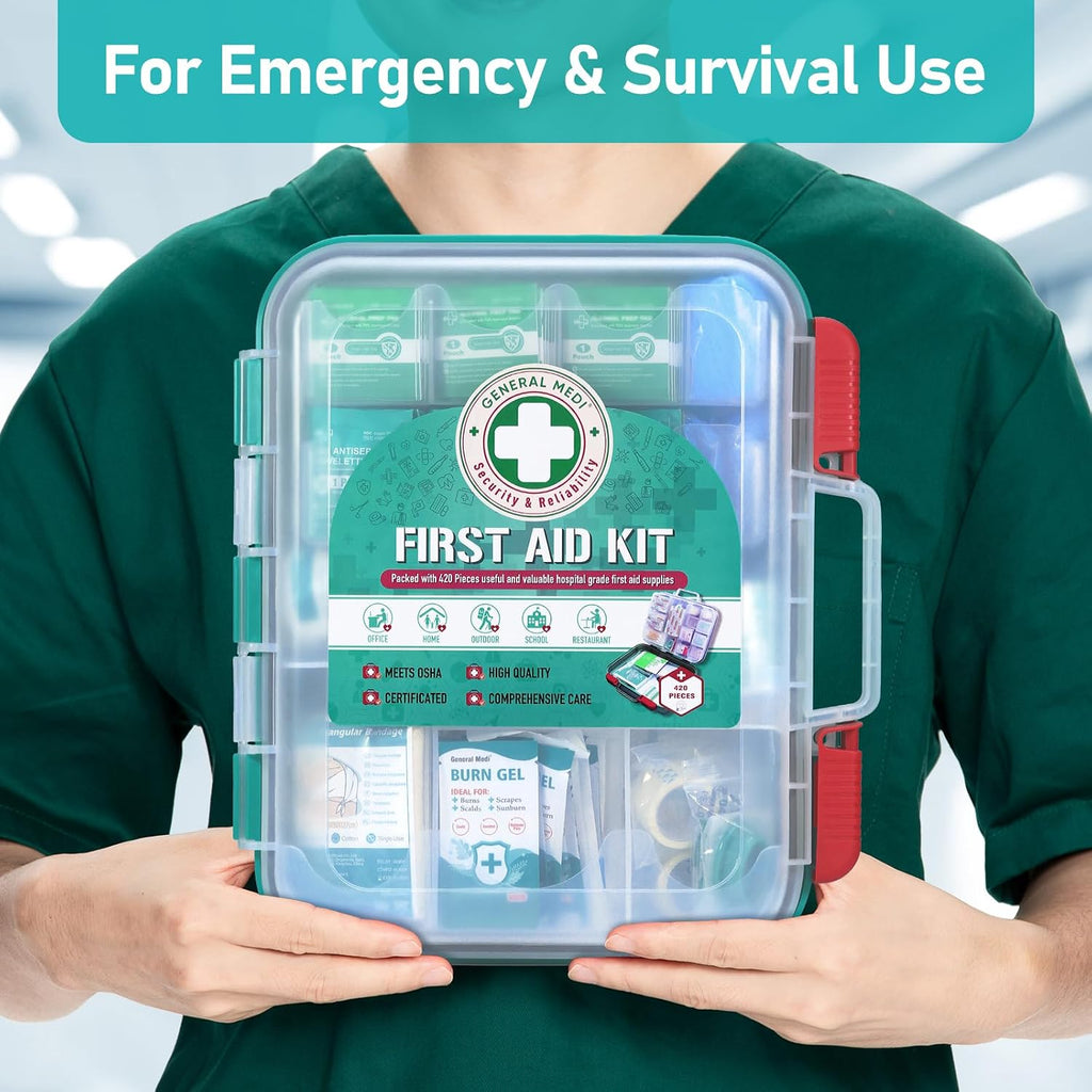 General Medi 420 Pieces Professional First Aid Kit - HardCase First Aid Box - Contains Premium Medical Supplies for Travel, Home, Office, Vehicle, Camping, Workplace & Outdoor