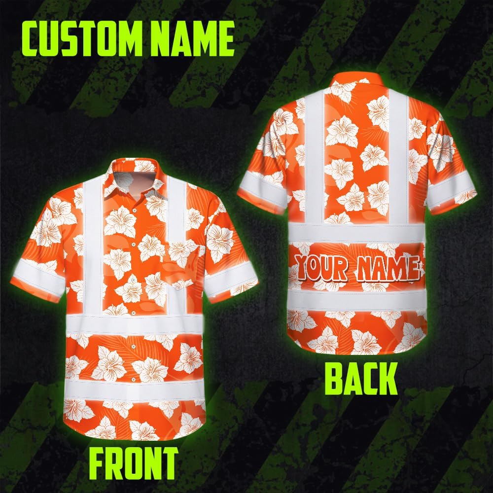 High Visibility Hawaiian Shirt for Men Tropical Shirts Custom Name Floral Outfit Reflective Safety Workwear